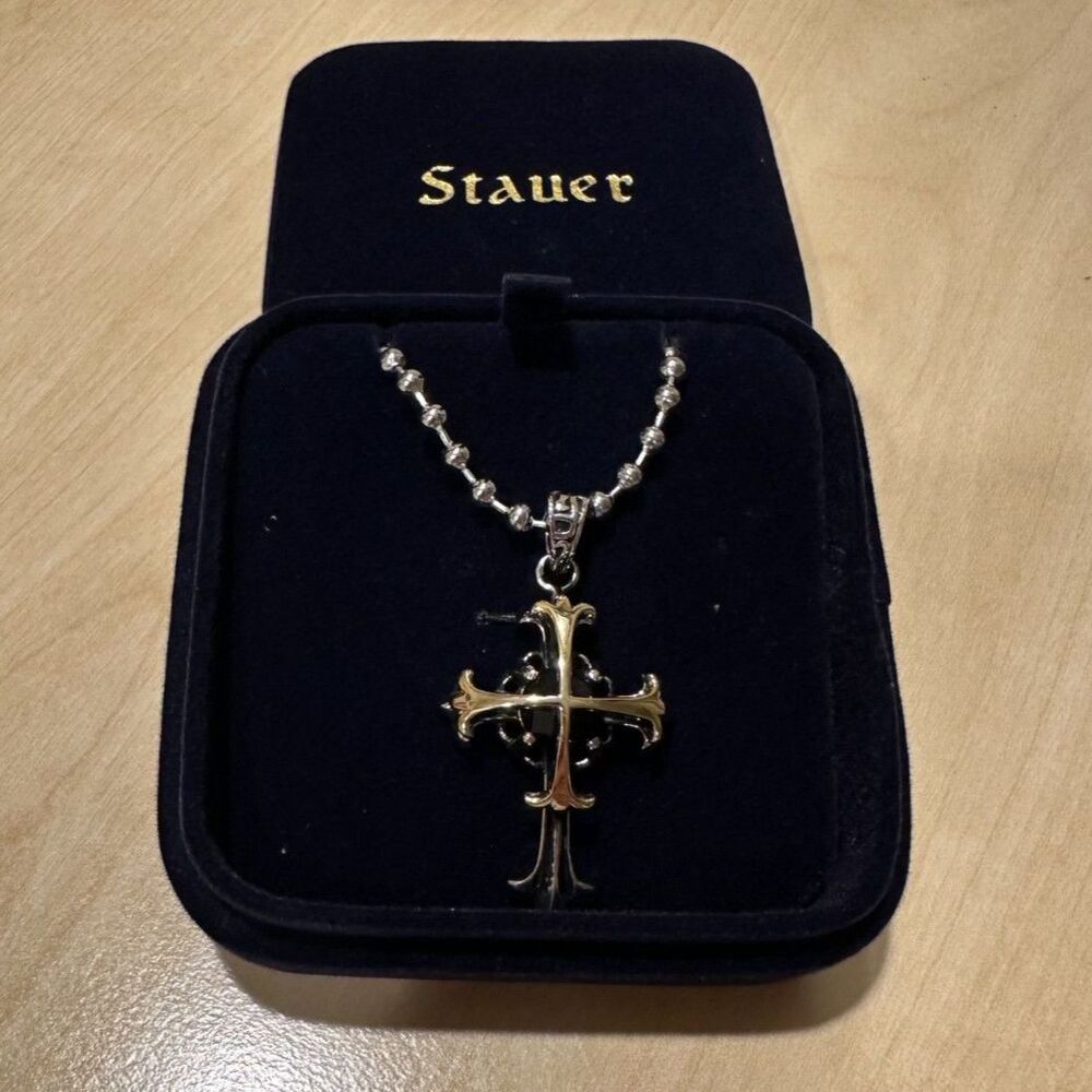 Stauer Mens Two Tone Gold Silver Gothic Cross Pendant Necklace Ball Chain Box